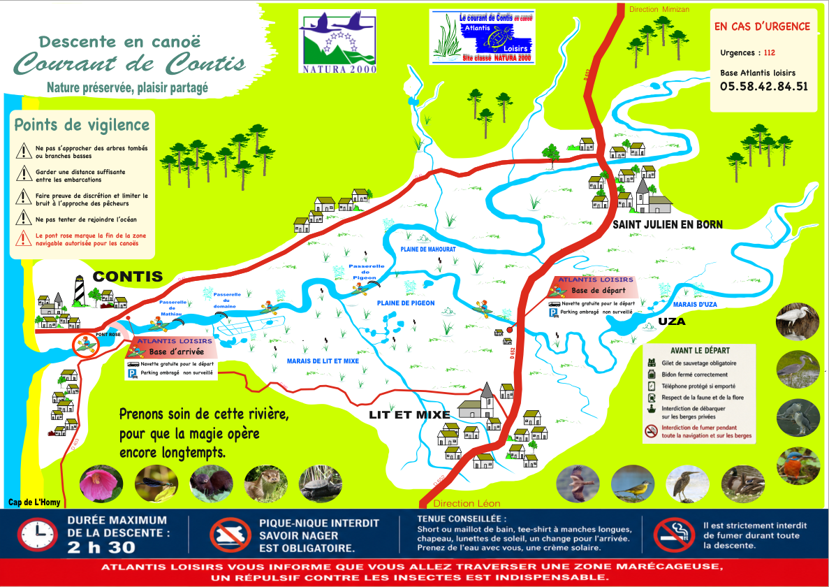 Carte du parcours canoë sur le Courant de Contis